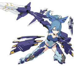Rule 34 | 1girl, alice gear aegis, blue hair, commentary, elbow gloves, english commentary, gloves, holding, holding sword, holding weapon, mecha musume, parted lips, pinakes, ponytail, purple eyes, shorts, simple background, solo, sword, takanashi rei, weapon