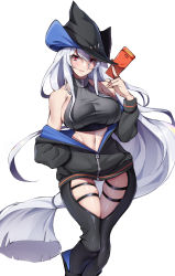 1girl, arknights, bangs, black jacket, black pants, breasts, clothing cutout, cropped vest, envelope, hair between eyes, hat, highres, holding, holding envelope, ikamochi kalong, jacket, large breasts, long hair, looking at viewer, low-tied long hair, midriff, navel, off shoulder, pants, parted lips, purple eyes, silver hair, simple background, skadi (arknights), skindentation, solo, thigh cutout, thigh strap, thighs, tricorne, turtleneck, very long hair, vest, white background, zipper