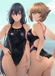 Rule 34 | 2girls, ass, black hair, breasts, brown hair, collarbone, competition swimsuit, day, green eyes, grin, highres, kantai collection, kasumi (skchkko), large breasts, long hair, looking at viewer, multiple girls, mutsu (kancolle), nagato (kancolle), one-piece swimsuit, outdoors, red eyes, short hair, smile, swimsuit, two-tone swimsuit, wet