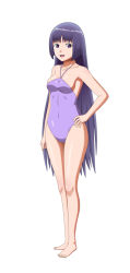 Rule 34 | 1girl, bare legs, barefoot, boruto: naruto next generations, breasts, casual one-piece swimsuit, collarbone, feet, female focus, full body, hand on own hip, highres, kakei sumire, legs together, long hair, looking at viewer, medium breasts, naruto, naruto (series), one-piece swimsuit, open mouth, purple eyes, purple hair, purple one-piece swimsuit, simple background, smile, solo, standing, sumirecchi, swimsuit, teeth, thighs, toes, tongue, upper teeth only, very long hair, white background