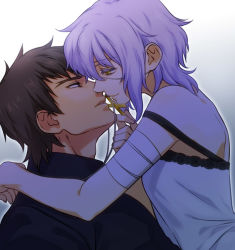 Rule 34 | 1boy, 1girl, arm around neck, bandages, black hair, claudia hortensia, couple, cross, cross necklace, eyepatch, fate/stay night, fate/zero, fate (series), hetero, husband and wife, imminent kiss, jewelry, kotomine kirei, looking at another, necklace, parted lips, short hair, upper body, white hair, yellow eyes, zanshi