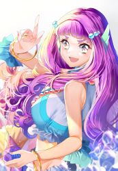Rule 34 | 1girl, absurdres, bare shoulders, blue eyes, blush, bracelet, breasts, commentary, crop top, fins, from side, head fins, highres, jewelry, large breasts, laura (precure), long hair, looking at viewer, mermaid, midriff, monster girl, nail polish, necklace, open mouth, pearl hair ornament, pink hair, pink nails, precure, sleeveless, smile, solo, tropical-rouge! precure, v, yuutarou (fukiiincho)