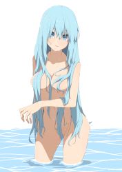 Rule 34 | 1girl, alternate hairstyle, aqua (konosuba), au naturel, bad id, bad pixiv id, blue eyes, blue hair, breasts, collarbone, commentary request, completely nude, contrapposto, convenient censoring, cowboy shot, gluteal fold, groin, hair censor, hair down, hair over breasts, highres, kono subarashii sekai ni shukufuku wo!, long hair, looking at viewer, medium breasts, navel, nude, parted lips, revision, salpin, simple background, solo, very long hair, wading, water, wet, white background