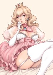 Rule 34 | 1girl, absurdres, alternate costume, blonde hair, blue eyes, blush, breasts, cleavage, crown, dress, elbow gloves, gloves, hand on own face, highres, jasmin darnell, large breasts, lingerie, long hair, looking at viewer, mario (series), nintendo, open mouth, pink dress, princess peach, puffy sleeves, see-through, see-through sleeves, simple background, thick thighs, thighhighs, thighs, underwear, white gloves
