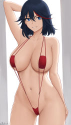 Rule 34 | 1girl, absurdres, backlighting, black hair, breasts, covered erect nipples, highres, hourglass, kill la kill, large breasts, matoi ryuuko, navel, one-piece swimsuit, paid reward available, red hair, red one-piece swimsuit, slingshot swimsuit, solo, swimsuit, tagme, thighs, white background, zaphn