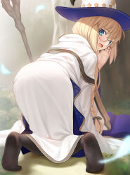 Rule 34 | 1girl, absurdres, ass, bent over, besmiled, blonde hair, blue eyes, blush, braid, brown pantyhose, cloak, commentary request, dress, fate/grand order, fate (series), feet, glasses, gold trim, hat, highres, long hair, looking at viewer, looking back, pantyhose, round eyewear, smile, solo, staff, aesc (fate), white cloak, white dress, white hat, witch hat