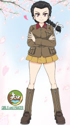 Rule 34 | 1girl, black hair, boots, braid, braided ponytail, brown footwear, brown jacket, cherry blossoms, chi-hatan (emblem), chi-hatan military uniform, closed mouth, commentary, copyright name, crossed arms, day, emblem, enoya-eno, full body, girls und panzer, hair pulled back, hair ribbon, highres, jacket, knee boots, long hair, long sleeves, looking at viewer, military, military uniform, miniskirt, outdoors, petals, pleated skirt, purple eyes, ribbon, single braid, skirt, smile, solo, tamada tamaki, tree, uniform, white ribbon, wind, yellow skirt, zipper
