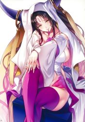Rule 34 | 10s, 1girl, absurdres, bare shoulders, black hair, blush, breasts, brown hair, closed mouth, collarbone, crossed legs, detached sleeves, dress, facial mark, fate/extra, fate/extra ccc, fate/grand order, fate (series), female focus, forehead mark, gradient hair, groin, hands on own thighs, head tilt, highres, horn ornament, horns, japanese clothes, large breasts, legs, light blush, long hair, long sleeves, looking at viewer, mouth hold, multicolored hair, nanao (mahaya), non-web source, nose blush, own hands together, pink hair, purple thighhighs, revealing clothes, sessyoin kiara, sideboob, sidelocks, simple background, sitting, smile, solo, thighhighs, thighs, v arms, veil, very long hair, white background, white dress, wide sleeves, yellow eyes