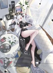 Rule 34 | 1girl, absurdres, ahoge, alcohol, arm behind head, azur lane, bare legs, barefoot, book, bow, breasts, building, candle, chinese commentary, city, commentary request, couch, cup, day, drinking glass, flower, hair bow, highres, indoors, long hair, looking at viewer, lying, medium breasts, multicolored bow, multicolored hair, official alternate costume, on back, parted lips, picture frame, prinz eugen (azur lane), prinz eugen (cordial cornflower) (azur lane), red eyes, rib (rib delesetong), sideboob, solo, streaked hair, sunlight, swept bangs, symbol-shaped pupils, thighs, white hair, window, wine, wine glass, yellow pupils