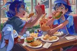 Rule 34 | 2boys, antenna hair, apple, ash ketchum, baseball cap, black hair, blue eyes, blue vest, brown eyes, burger, creatures (company), dark skin, day, eye contact, closed eyes, food, fork, french fries, fruit, game freak, gen 1 pokemon, gen 4 pokemon, gen 8 pokemon, glass, goh (pokemon), grapes, grey shirt, hands up, hat, highres, holding, holding food, holding phone, indoors, looking at another, multiple boys, nintendo, open mouth, outstretched arm, phone, pikachu, plate, pokemon, pokemon (anime), pokemon (creature), pokemon journeys, raboot, red headwear, rotom, rotom phone, shirt, short hair, short sleeves, sitting, teeth, upper body, vest, white shirt