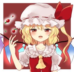Rule 34 | 1girl, :d, ascot, blonde hair, blouse, blush, cherry, flandre scarlet, food, frilled shirt collar, frills, fruit, hat, looking at viewer, mob cap, open mouth, puffy short sleeves, puffy sleeves, red eyes, shirt, short hair with long locks, short sleeves, side ponytail, slit pupils, smile, solo, touhou, wings, yellow ascot, yururi nano