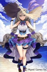 Rule 34 | 1girl, age of ishtaria, bare shoulders, beach, belt, black choker, blue flower, blue rose, blue sky, blush, boots, breasts, bridal garter, choker, closed mouth, cloud, cloudy sky, copyright notice, cuddling, day, flower, gambe, grey eyes, grey hair, hair between eyes, hands on headwear, hands up, hat, hat feather, hat flower, kiira, large breasts, long hair, midriff, navel, ocean, original, outdoors, purple footwear, purple skirt, rose, shirt, skirt, sky, sleeveless, sleeveless shirt, solo, standing, standing on one leg, straw hat, sun hat, twintails, very long hair, watermark, white shirt, wristband