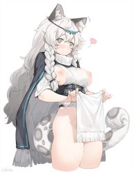 Rule 34 | 1girl, animal ear fluff, animal ears, arknights, bead necklace, beads, braid, breasts, cokuto1, dress, grey eyes, head chain, heart, holding, jewelry, large breasts, leopard ears, leopard girl, leopard tail, long hair, necklace, nipples, no panties, pelvic curtain, pramanix (arknights), side braids, simple background, solo, tail, turtleneck, turtleneck dress, white background