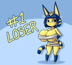 Rule 34 | 1girl, alternate breast size, animal crossing, animal ears, ankha (animal crossing), bandages, big head, blue background, blue fur, blue hair, breasts, bursting breasts, cat ears, cat girl, cat tail, chibi, cleavage, colored skin, eye contact, female focus, full body, furry, half-closed eyes, highres, huge breasts, limebreaker, looking at another, looking at viewer, neoteny, nintendo, sarashi, short hair, shortstack, solo, striped, striped tail, tail, thick thighs, thigh gap, thighs, wide hips, wrappings, yellow fur, yellow skin