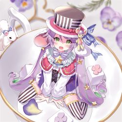 Rule 34 | 1girl, absurdres, animal ears, black hat, black thighhighs, blurry, blush, bow, bowtie, character request, flower, green eyes, hair between eyes, hair bow, hair ornament, hat, highres, long hair, looking at viewer, open mouth, purple flower, shironeko project, sitting, solo, star (symbol), striped clothes, striped thighhighs, tatejima uri, teeth, thighhighs, upper teeth only, very long hair, violet (flower), wariza, white thighhighs