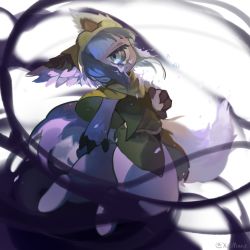 Rule 34 | 1girl, animal ears, bandana, belt, blue eyes, blue hair, blunt bangs, brown bandana, brown capelet, brown shirt, capelet, closed mouth, crying, crying with eyes open, cyclops, expressionless, floating, full body, furry, highres, looking at viewer, made in abyss, medium hair, mihuatang231, one-eyed, pakkoyan, purple fur, shirt, sidelocks, signature, solo, tail, tears, twitter username