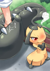 Rule 34 | biting, biting another&#039;s hand, blush, creatures (company), crossed arms, extra mouth, fangs, game freak, gen 3 pokemon, horns, mawile, nintendo, open mouth, pokemon, pokemon (creature), red eyes, saliva, simple background, single horn, solo focus, tsundere, ukan muri, upset
