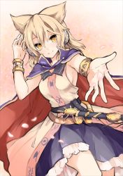 Rule 34 | 1girl, blonde hair, bracelet, breasts, cape, earmuffs, frilled skirt, frills, highres, jewelry, looking at viewer, no bra, outstretched arm, outstretched hand, petals, pointy hair, shirt, sideboob, skirt, sleeveless, sleeveless shirt, smile, solo, sword, tori (10ri), touhou, toyosatomimi no miko, weapon, yellow eyes