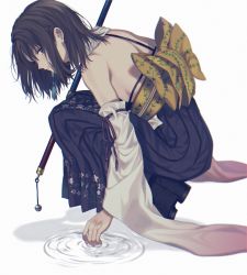 Rule 34 | 1girl, 234 (1234!), back bow, bad id, bad pixiv id, bare shoulders, bell, black bra, black footwear, black hair, blue eyes, boots, bow, bra, closed mouth, detached sleeves, final fantasy, final fantasy x, floral print, from side, full body, hair ornament, hakama, hakama skirt, japanese clothes, jingle bell, long sleeves, looking at viewer, looking to the side, obi, purple hakama, purple ribbon, ribbon, ribbon-trimmed sleeves, ribbon trim, ripples, sash, short hair, simple background, skirt, smile, solo, squatting, staff, underwear, water, white background, wide sleeves, yellow bow, yuna