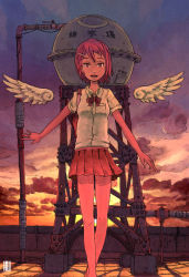 Rule 34 | 1girl, angel wings, bag, cloud, hair ornament, hairclip, highres, inukoko, open mouth, original, outstretched arms, pink eyes, pink hair, industrial pipe, rooftop, school uniform, short hair, skirt, sky, solo, standing, sunset, wings