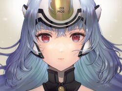Rule 34 | 1girl, blue hair, character name, closed mouth, headgear, highres, kos-mos, long hair, looking at viewer, portrait, red eyes, simple background, solo, xenosaga, yamamori kinako, yellow background