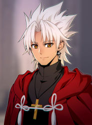 Rule 34 | 1boy, amakusa shirou (fate), closed mouth, commentary request, cross, cross necklace, dark-skinned male, dark skin, earrings, fate/apocrypha, fate/grand order, fate (series), jewelry, long hair, looking at viewer, male focus, necklace, smile, white hair, yellow eyes, zanshi