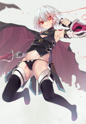 Rule 34 | 1girl, :o, arm belt, armpits, bandaged arm, bandages, black panties, black thighhighs, black vest, breasts, cameltoe, cape, cleavage cutout, clothing cutout, crop top, dagger, dual wielding, facial scar, fate/apocrypha, fate/grand order, fate (series), full body, glint, glowing, glowing eyes, gluteal fold, hair between eyes, highres, holding, holding dagger, holding knife, holding weapon, jack the ripper (fate/apocrypha), jumping, knife, looking at viewer, lowleg, lowleg panties, navel, panties, red eyes, scar, scar across eye, scar on cheek, scar on face, sheath, short hair, shoulder tattoo, small breasts, solo, string panties, takoneru, tattoo, thighhighs, torn cape, torn clothes, underwear, vest, weapon, white hair