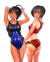 Rule 34 | 2girls, abs, ahoge, arm up, armpits, buruma, competition swimsuit, cowboy shot, highres, kilesha, looking at viewer, multicolored one-piece swimsuit, multiple girls, one-piece swimsuit, red buruma, red sports bra, short hair, sports bra, sportswear, swimsuit, tan, tanline, tomboy, track and field, track uniform, two-tone swimsuit