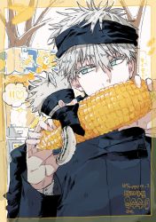 Rule 34 | 2boys, black blindfold, black jacket, blindfold, chibi, corn, corn cob, covered eyes, food, gojou satoru, hair between eyes, hands up, holding, holding food, jacket, jujutsu kaisen, kuun (god khunbam), long sleeves, looking at another, multiple boys, short hair, speech bubble, tail, upper body, white hair