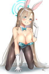 Rule 34 | 1girl, :d, absurdres, animal ears, aqua bow, aqua bowtie, aqua eyes, aqua leotard, asuna (blue archive), asuna (bunny) (blue archive), black pantyhose, blue archive, bow, bowtie, breasts, cleavage, clenched teeth, detached collar, eyes visible through hair, fake animal ears, gloves, hair between eyes, twirling hair, halo, hand up, headband, heart, highleg, highleg leotard, highres, kneeling, large breasts, leotard, light brown hair, long hair, mole, mole on breast, open mouth, pantyhose, playboy bunny, shiny skin, simple background, skoll world, smile, solo, teeth, thighs, traditional bowtie, very long hair, white background, white gloves, white headband