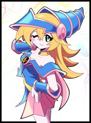 Rule 34 | 1girl, artsy-rc, black border, blonde hair, blush stickers, border, bracer, breasts, cleavage, closed mouth, cowboy shot, dark magician girl, green eyes, hair between eyes, hand on own cheek, hand on own face, hand up, hat, highres, long hair, looking at viewer, pink skirt, pleated skirt, signature, skirt, slit pupils, smile, solo, standing, symbol-only commentary, wizard hat, yu-gi-oh!