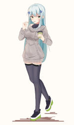 Rule 34 | 1girl, alternate costume, bad id, bad pixiv id, bare shoulders, black footwear, black thighhighs, blue hair, blunt bangs, blush, breasts, casual, cup, disposable cup, dress, eating, facial mark, food, full body, girls&#039; frontline, green eyes, grey sweater, hair ornament, hk416 (girls&#039; frontline), holding, holding cup, holding food, inniyik, long hair, long sleeves, looking at viewer, medium breasts, off shoulder, shoes, simple background, solo, sweater, sweater dress, thighhighs, very long hair, walking, yellow background, zettai ryouiki