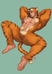 Rule 34 | 1boy, abs, absolum art, animal costume, animal ears, animal print, arms behind head, bara, bare pectorals, beard, biceps, borrowed character, brown eyes, brown hair, bulge, cowboy shot, dizdoodz, facial hair, full body, highres, large pectorals, leg up, lying, male focus, manly, muscular, naked costume, navel, nipples, on back, original, pectorals, short hair, solo, spread legs, tail, thick thighs, thighs, tiger costume, tiger ears, tiger print, tiger tail