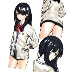 Rule 34 | 10s, 1girl, ass, black hair, black skirt, blue eyes, bow, cardigan, collared shirt, expressionless, gridman universe, hands in pockets, hiyashiru, long hair, long sleeves, looking at viewer, looking back, miniskirt, multiple views, nape, pleated skirt, red bow, school uniform, shirt, skirt, ssss.gridman, takarada rikka, thighs, traditional media, white cardigan, white shirt