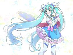 Rule 34 | 1girl, ahoge, blue eyes, blue hair, blush, bow, cape, cosplay, cure sky, cure sky (cosplay), frills, gloves, hatsune miku, highres, hirogaru sky! precure, long hair, magical girl, pink bow, poma123poma, precure, smile, solo, thighhighs, twintails, two-sided cape, two-sided fabric, very long hair, vocaloid, white gloves, white thighhighs, wing hair ornament