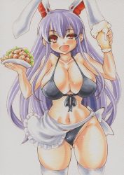 Rule 34 | 1girl, alcohol, animal ears, beer, breasts, cleavage, curvy, extra ears, food, fruit, groin, large breasts, lemon, light purple hair, long hair, navel, open mouth, rabbit ears, reisen udongein inaba, simple background, smile, solo, swimsuit, touhou, traditional media, uneven eyes, vegetable, white background, yutakasan-love