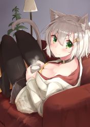 Rule 34 | 1girl, animal ears, black pantyhose, blush, breasts, cat ears, cat tail, choker, cleavage, commentary request, couch, cup, eyebrows, eyelashes, green eyes, hair between eyes, hair ornament, hairclip, highres, holding, holding cup, hood, hoodie, indoors, lamp, large breasts, long sleeves, looking at viewer, looking back, no shoes, nuko miruku, original, pantyhose, short hair, silver hair, sitting, skirt, solo, steam, tail, wall