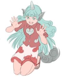 Rule 34 | 1girl, cloud print, collared shirt, green eyes, green hair, hands up, horns, kneeling, komano aunn, long hair, looking at viewer, mefomefo, open mouth, sandals, shirt, short sleeves, simple background, single horn, skirt, solo, touhou, white background