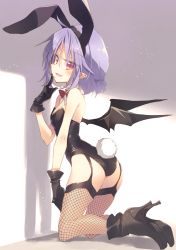 Rule 34 | 1girl, alternate costume, animal ears, ass, bat wings, black footwear, black gloves, black leotard, black thighhighs, black wings, boots, bow, bowtie, breasts, commentary request, detached collar, fake animal ears, fangs, finger to cheek, fishnet thighhighs, fishnets, full body, garter straps, gloves, high heels, highres, kneeling, leotard, light purple hair, medium hair, open mouth, playboy bunny, pointy ears, rabbit ears, rabbit tail, red bow, red bowtie, red eyes, remilia scarlet, satou kibi, slit pupils, small breasts, smile, solo, tail, thighhighs, touhou, wings