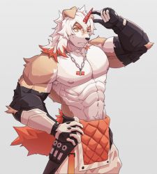 Rule 34 | 1boy, abs, alternate pectoral size, animal ears, arknights, bara, bare shoulders, brown fur, detached sleeves, dog boy, dog ears, furry, furry male, highres, horns, hung (arknights), large pectorals, male focus, medium hair, muscular, muscular male, navel, navel hair, nipples, orange eyes, orange hair, pectorals, pelvic curtain, single horn, solo, stomach, two-tone fur, uiokv, white fur, white hair