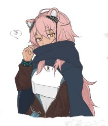 Rule 34 | 1girl, ahoge, animal ears, arknights, armor, black scarf, breastplate, bright pupils, brown eyes, brown jacket, covered mouth, dokonjou (odossan), earpiece, gravel (arknights), hair between eyes, hand up, jacket, kingdom of kazimierz logo, long hair, looking at viewer, mouse ears, open clothes, open jacket, pink hair, scarf, simple background, solo, spoken skull, upper body, very long hair, white background, white pupils