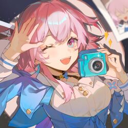 Rule 34 | 1girl, black choker, blue eyes, blue jacket, blurry, blurry background, breasts, buttons, camera, choker, dress shirt, earrings, flower ornament, hands up, highres, holding, holding camera, honkai: star rail, honkai (series), jacket, jewelry, long sleeves, looking at viewer, march 7th (honkai: star rail), march 7th (preservation) (honkai: star rail), medium breasts, medium hair, one eye closed, open hand, open mouth, pink eyes, pink hair, shirt, shu bing, single earring, smile, solo, teeth, tied jacket, two-tone eyes, upper body, upper teeth only, white shirt