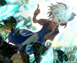 Rule 34 | 1girl, blue eyes, blue hair, blurry, blush stickers, bow, head rest, cirno, depth of field, dress, dutch angle, frog, frozen, hair bow, ice, icicle, leaf, matching hair/eyes, open mouth, pointing, pointing up, shards, short hair, solo, tokoroten (hmmuk), touhou