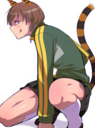 Rule 34 | 1girl, :q, animal ears, atlus, bike shorts, black skirt, blush, brown eyes, brown hair, checkered clothes, checkered skirt, em (totsuzen no hakike), jacket, miniskirt, on one knee, persona, persona 4, pleated skirt, satonaka chie, school uniform, short hair, simple background, skirt, socks, solo, tail, thighs, tiger ears, tiger tail, tomboy, tongue, tongue out, track jacket, unmoving pattern, white socks