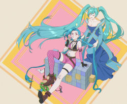 Rule 34 | 2girls, aqua hair, bandaid, bandaid on leg, block (object), blue hair, boots, braiding hair, breasts, cleavage, closed eyes, crossed bandaids, cup, drinking, drinking straw, fishnet thighhighs, fishnets, flag, hairdressing, hand in another&#039;s hair, highres, holding, holding cup, jing zhou, jinx (league of legends), league of legends, long hair, looking at another, medium breasts, multiple girls, navel, red eyes, shorts, shoulder tattoo, simple background, small breasts, sona (league of legends), tattoo, thighhighs, twintails, white flag
