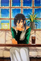 Rule 34 | 1girl, apron, arms on table, bare shoulders, black choker, black hair, breasts, chainsaw man, choker, cola, colorful, drink, green shirt, hair bun, hand on own chin, highres, kbzrs2xvyd0hs2z, looking at viewer, medium breasts, medium hair, multicolored background, reze (chainsaw man), shirt, short hair, single hair bun, sitting, small breasts, smile, solo, white apron