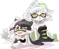 Rule 34 | 2girls, bare shoulders, black dress, black hair, bow-shaped hair, callie (splatoon), collar, collarbone, commentary request, cousins, detached collar, dress, earrings, eyelashes, food, food on head, gloves, hoop earrings, inkling, jewelry, leaning forward, long hair, looking at viewer, marie (splatoon), mole, mole under eye, multiple girls, nintendo, object on head, open mouth, parted lips, pointy ears, rube 1682, short hair, smile, splatoon (series), splatoon 1, standing, star-shaped pupils, star (symbol), strapless, strapless dress, sushi, symbol-shaped pupils, tentacle hair, thick eyebrows, waving, white collar, white gloves, white hair, yellow eyes, yellow pupils