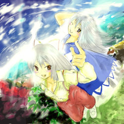 Rule 34 | 2girls, :d, ;d, arm up, blue dress, blush, collarbone, collared shirt, dress, female focus, from above, fujiwara no mokou, grey hair, hand in own hair, head tilt, kamishirasawa keine, long hair, long sleeves, looking up, multiple girls, one eye closed, open mouth, pants, pointing, pointing at viewer, red pants, shirt, shoes, smile, standing, suspenders, touhou, very long hair, white shirt, yae (mono110)