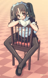 Rule 34 | 1girl, artist name, blush, chair, checkered floor, female focus, gloves, kimarin, maid, maid headdress, pantyhose, perspective, sitting, sitting backwards, smile, solo, twintails
