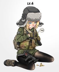Rule 34 | 1girl, bandaid, bandaid on face, black pantyhose, blonde hair, blush, bullet, camouflage, commentary, crying, crying with eyes open, english commentary, escape from tarkov, foregrip, gameplay mechanics, gloves, gradient background, gun, h&amp;k mp5, hat, jizi, load bearing vest, magazine (weapon), original, pantyhose, short shorts, shorts, simple background, sitting, solo, submachine gun, tears, wariza, weapon